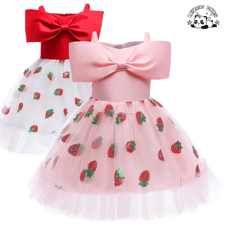 LEZONKIDS - Vestido de Menina Verão Princesa Morango Lantejoulas Saia de Malha Gaze Saia Desgrenhada Doce Laço Vestido